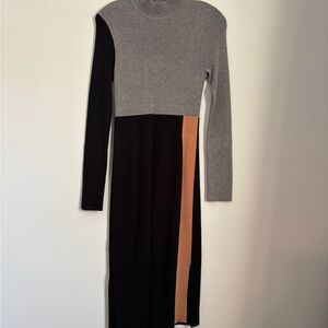 BCBGMaxAzria Gray, Black, and Tan Long Sleeve Dress